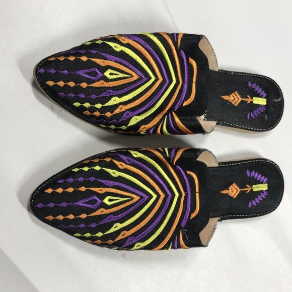 Moroccan Artizana Shoes Womens Size 10 Black Embroidered Mule Pointed Toe - Picture 2 of 6